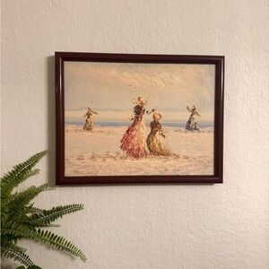 Gorgeous Vintage original oil painting. Signed. Victorian ladies by the sea
